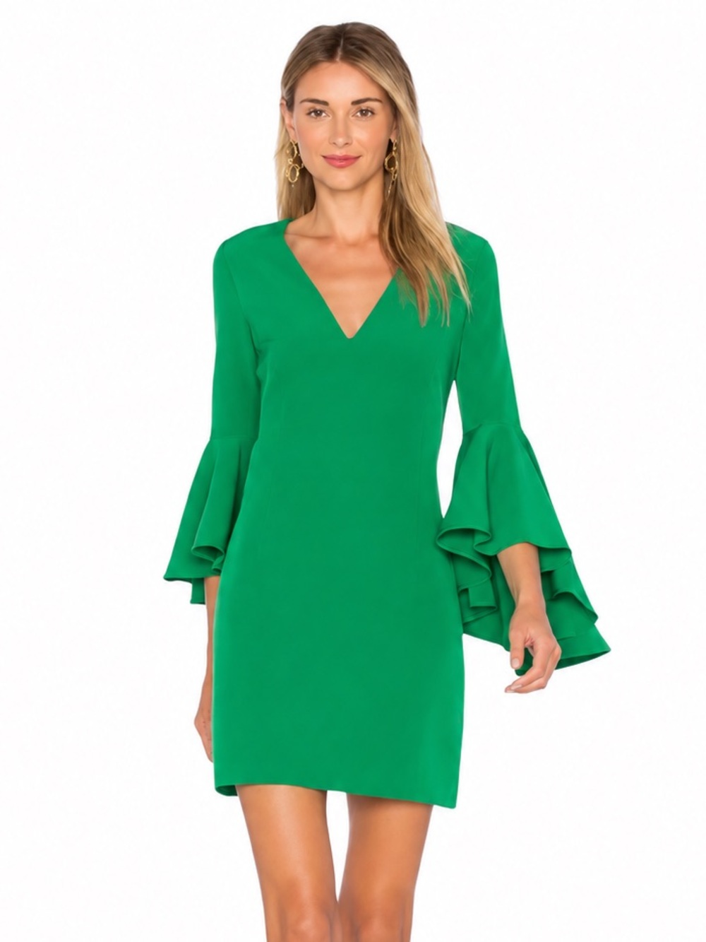 MILLY Green V-Neck Tiered Bell Sleeve Mini Shift Dress Estimated Medium
